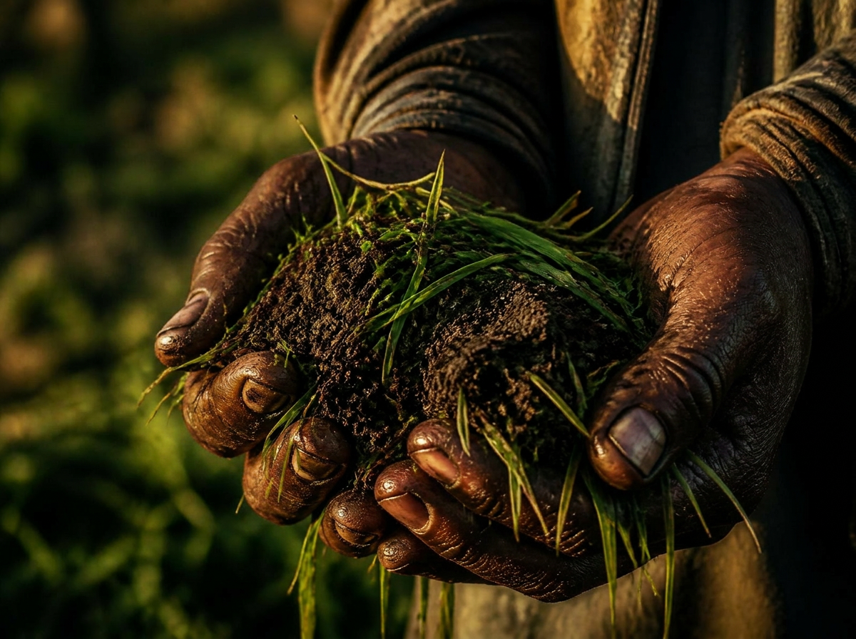 Hands cupping fresh soil and grass